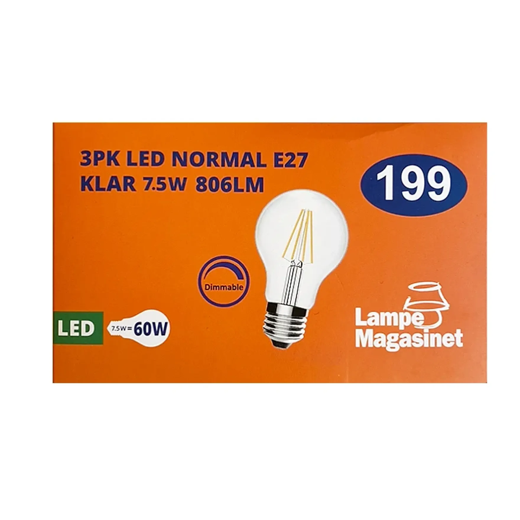 3pk LED E27 normal klar 7.5W dimbar
